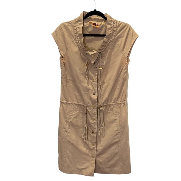 Tory Burch Dress Women 4 Pepper Shirt Safari Khaki Tan Snap Front Mini Drawstrin - Picture 1 of 16